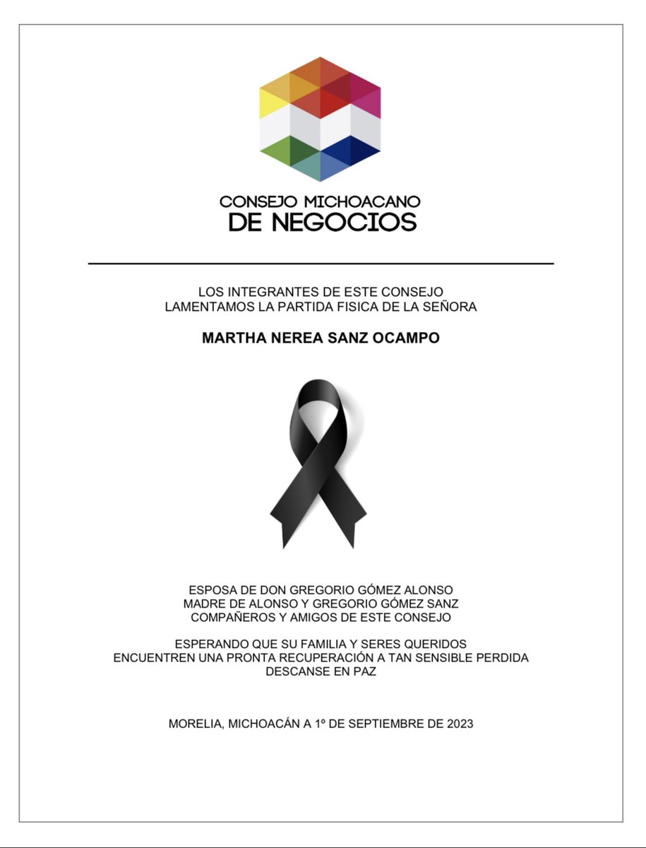 consejomn's tweet photo. Los integrantes del CMN lamentamos la partida física de la señora Martha Nerea Sanz Ocampo. QEPD. https://t.co/D2sU3tUA8P