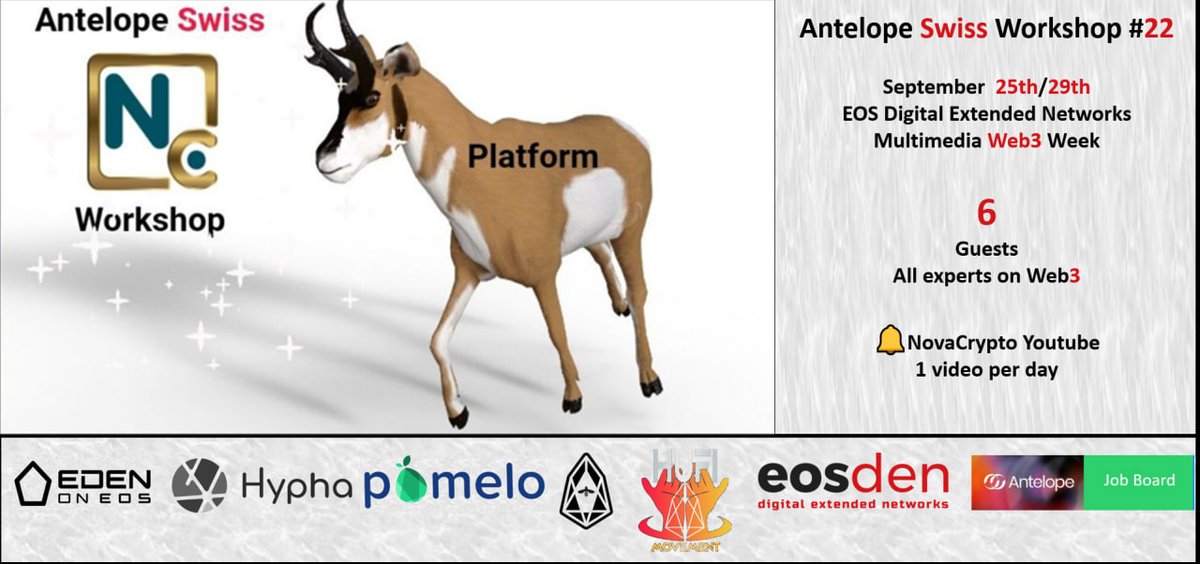 Antelope🇨🇭Workshop 22 September 25th/29th EOS Digital Extended Networks Multimedia Web3 Week 6 Guests - All experts on #Web3 🔔NovaCrypto Youtube ▶️youtu.be/ogWd3sEs21M?si… #EOS #Web2 #Web3 #EOSDEN