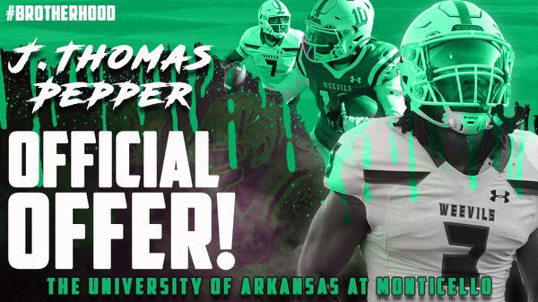 After a great conversation with <a href="/CoachJoshQualls/">Josh Qualls</a> I’m blessed receive an offer from the University of Arkansas at Monticello.#AGTG #brotherhood <a href="/coachofpdc/">Brad Harris</a>