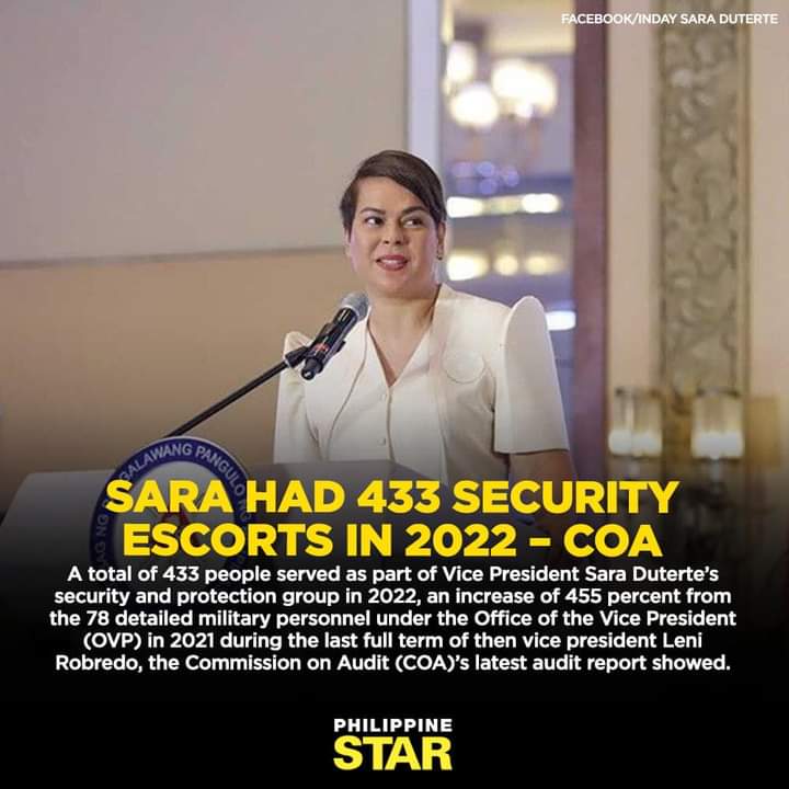 RepublicanPinoy's tweet photo. @oslecjunior Yung veep ngayon Duwag ehh 😂  from 76 security detail under VP Robredo to 433 VP Duterte 🤣🤣 isang battalion yarn ? https://t.co/1qbE9bmMzA