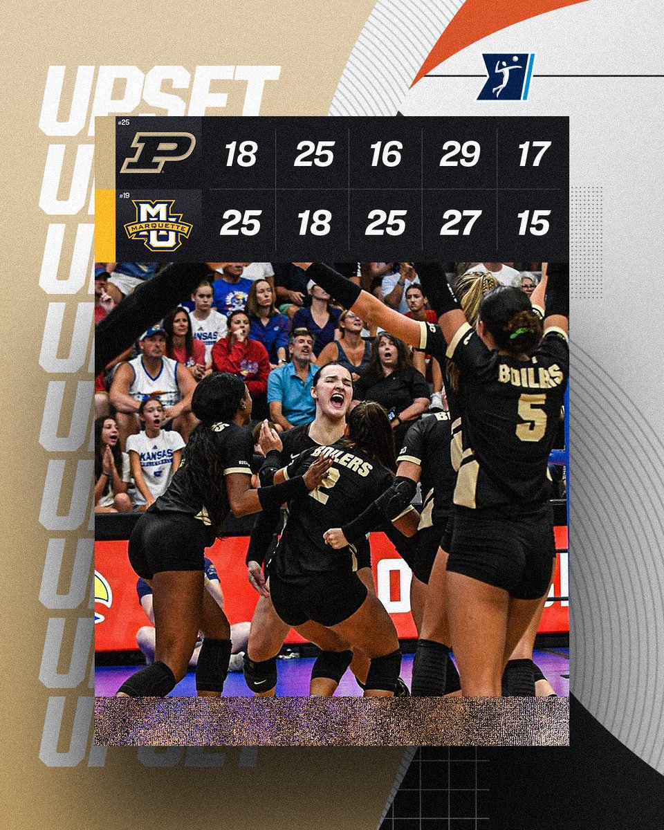 NCAAVolleyball's tweet photo. 🔙 to 🔙 dubs for Purdue‼️

No. 25 @PurdueVB upsets No. 19 Marquette in 5 sets. 

#NCAAWVB https://t.co/p0sWxzt9eB