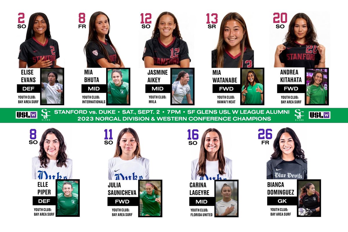 🌲🌲🌲🌲🌲😈😈😈😈

Glens vs. Glens tomorrow 7pm at a sold-out Cagan Stadium when <a href="/StanfordWSoccer/">Stanford Women's Soccer</a> takes on <a href="/DukeWSOC/">Duke Women's Soccer</a>. Don’t make us choose 😂 

Best of luck to all 9️⃣ of our <a href="/USLWLeague/">USL W League</a> players/alumni! Watch it on <a href="/Pac12Network/">Pac-12 Network</a> Insider.

#UpTheGlens | #ForTheW