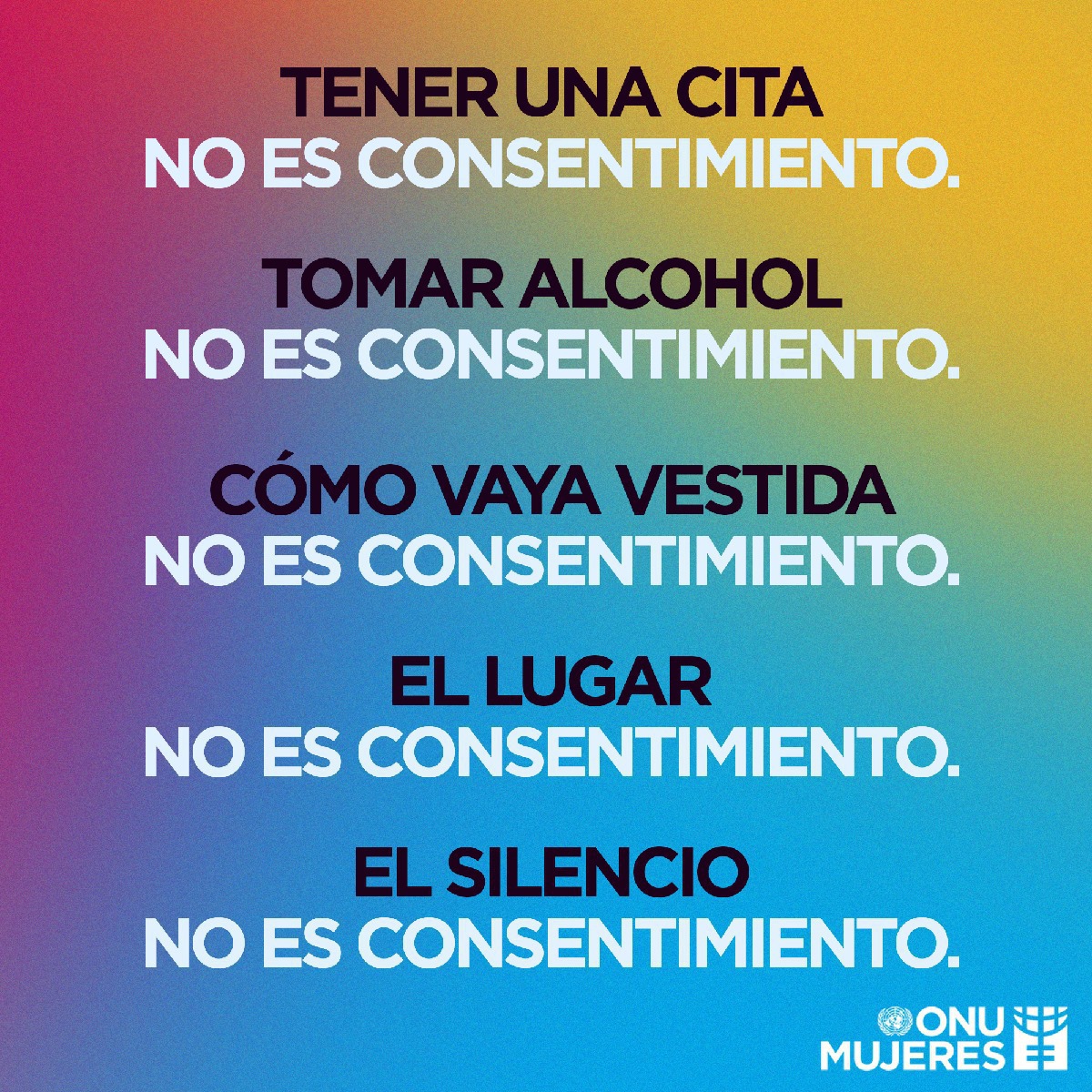 Tomar alcohol no es consentimiento. Cómo va vestida no es consentimiento. El lugar no es consentimiento. Acabemos con la cultura tóxica de violencia contra la mujer que estigmatiza y culpa a las víctimas. unwomen.org/es/news/storie… Vía @ONUMujeres