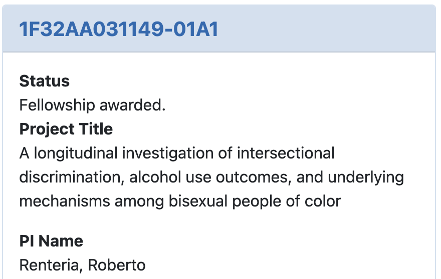 RRenteria_Psych's tweet photo. Beyond excited to share that my NRSA F32 was funded by @NIAAAnews. Grateful to @BFeinsteinPhD for the amazing support and mentorship through this process. Excited to advance research on #bisexual health and #alcohol use outcomes. https://t.co/9ZZP2JApy8