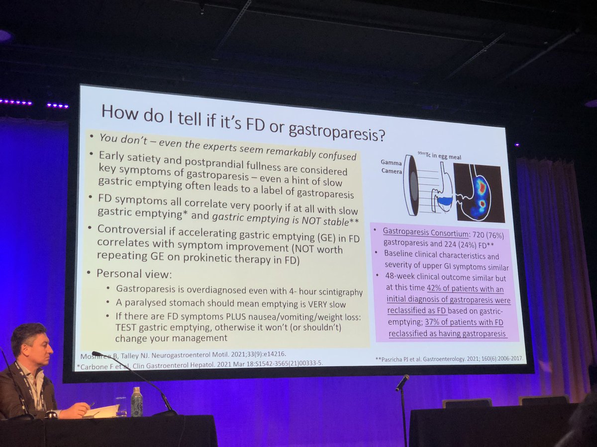 stevenbollipo's tweet photo. How do you tell the difference between functional dyspepsia vs #gastroparesis 
Answer: you can’t! 
Great talk from @Prof_NickTalley #AGw2023 https://t.co/ViRmB8iFyy