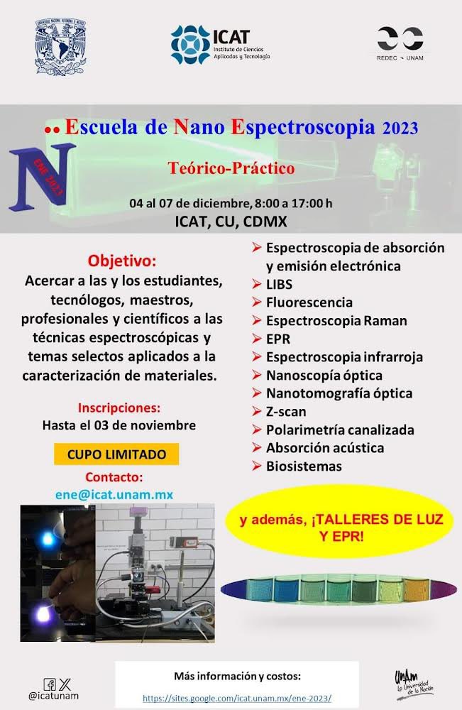 #FollowFriday | ⚗️
El @ICATUNAM invita a participar en su siguiente Convocatoria: 𝗘𝘀𝗰𝘂𝗲𝗹𝗮 𝗱𝗲 𝗡𝗮𝗻𝗼 𝗘𝘀𝗽𝗲𝗰𝘁𝗿𝗼𝘀𝗰𝗼𝗽𝗶𝗮 𝟮𝟬𝟮𝟯 (*Cupo limitado). 
Más información en: n9.cl/mh0v4