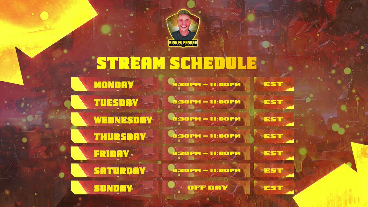 AntoniParys's tweet photo. 📅 Weekly League of Legends Streaming Schedule Update🎮

Hey Summoners, here's our streaming lineup for the week ahead!

📌 Monday:  8:30PM - 11:00 PM EST 
📌 Tuesday: 8:30PM - 11:00 PM EST
📌 Wednesday: 8:30PM - 11:00 PM EST
📌 Thursday: 8:30PM - 11:00 PM EST
📌 Friday: 8:30PM - 11:00 PM EST
📌 Saturday: 8:30PM - 11:00 PM EST

And remember, Sunday is our day of rest! 🌟
Set your reminders and join us for a week filled with League action. See you on the Rift! 🔥 #LeagueOfLegends #TwitchSchedule #GamingLife