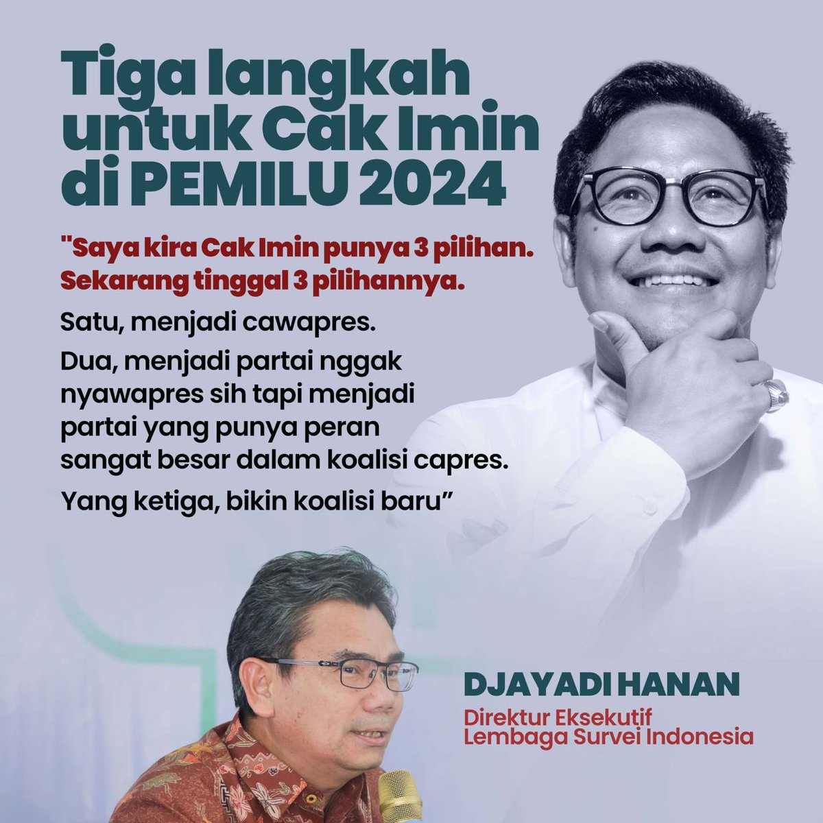 GusgusSoegara's tweet photo. Gus Imin Kunci Pilpres

#GusIminKunciPilpres
#GusIminPKBsatu

Gus Imin Pemimpin Visioner, Komunikatif, Berwawasan Luas, Amanah

@cakiminow 
@dpp_pkb 
@emhasanuddin https://t.co/y1TEdTOzln