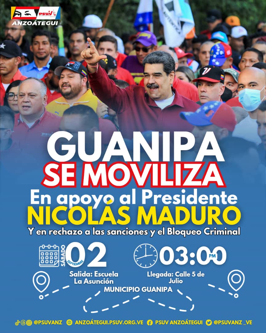 ¡Este sábado 02 de septiembre #Guanipa pa' la calle! 🚩

Tod@s a la gran movilización en apoyo al presidente <a href="/NicolasMaduro/">Nicolás Maduro</a>, y en rechazo a las sanciones y al bloqueo criminal.🇻🇪 

#VenezuelaPotenciaAgraria

<a href="/luismarcanos/">Luis Marcano</a> <a href="/PartidoPSUV/">PSUV</a>
