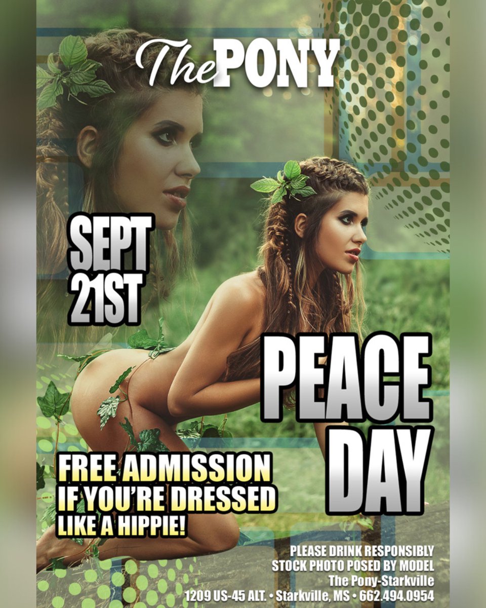 starkvillepony2's tweet image. Hippie vibes and peace signs ✌️🤟🏻 all day at the Pony 🐴! 
Celebrate World Peace 🕊 Day on Sept 21st with us!
Get in for free if you come dressed like a hippie!🌻
.
.
.
#PeaceDay #PeaceVibes #ThePony #Starkville #StarkvilleStunners #Hippies