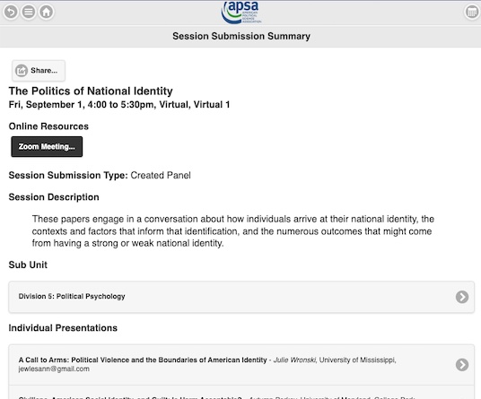 The Politics of National Identity happening virtually now at #APSA2023 @apsanet   

Panelist include:
@julie_wronski
@stsumej 
@zoewithoutawhy
@a_perkey
and Aleena Khan (U of Illinois)