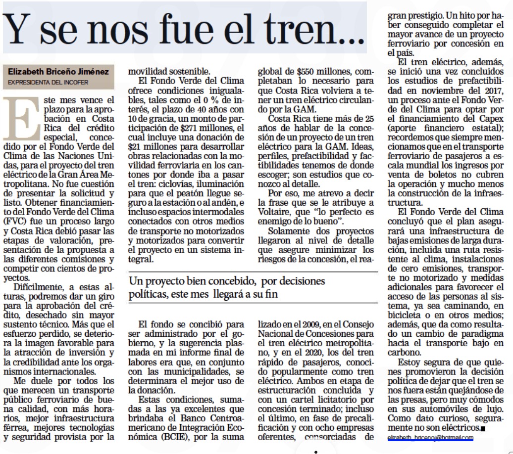 ClaudiaDobles's tweet image. 🇨🇷 pasó 25 años hablando del tren eléctrico. Desarrollamos una propuesta sólida, y un financiamiento especial del Fondo Verde del Clima @UN, con condiciones inmejorables. Hoy perdemos la opción de un mejor servicio a miles de usuarios que merecen un transporte público de calidad