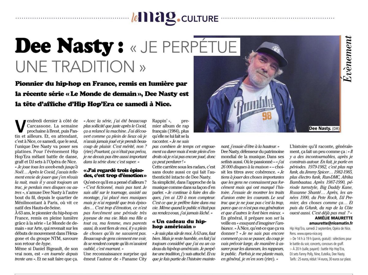 🙏Merci à Amélie Maurette de Nice-Matin pour cette interview de Dee Nasty présent au Hip Hop'era 
HIP HOP'ERA BATTLE ALL STYLE  RESERVATIONS sur shotgun.live/fr/events/hip-… 
#battle #sud #allstyle #dancebattle #battlenice #love