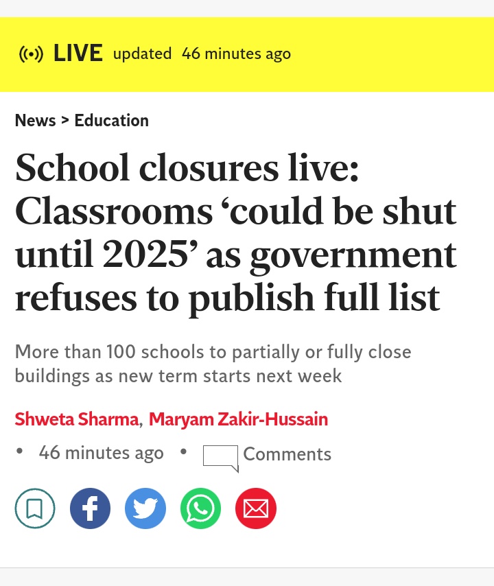 JFC 🤬 UK Gov 🇬🇧 refuse to publish which schools have collapsible roofs! They refuse when it makes them look like the incompetent crooks they are; Russia Report, PPE contracts, Michelle Mone, PartyGate, Covid Inquiry etc etc Too busy on holiday to bother independent.co.uk/news/education…