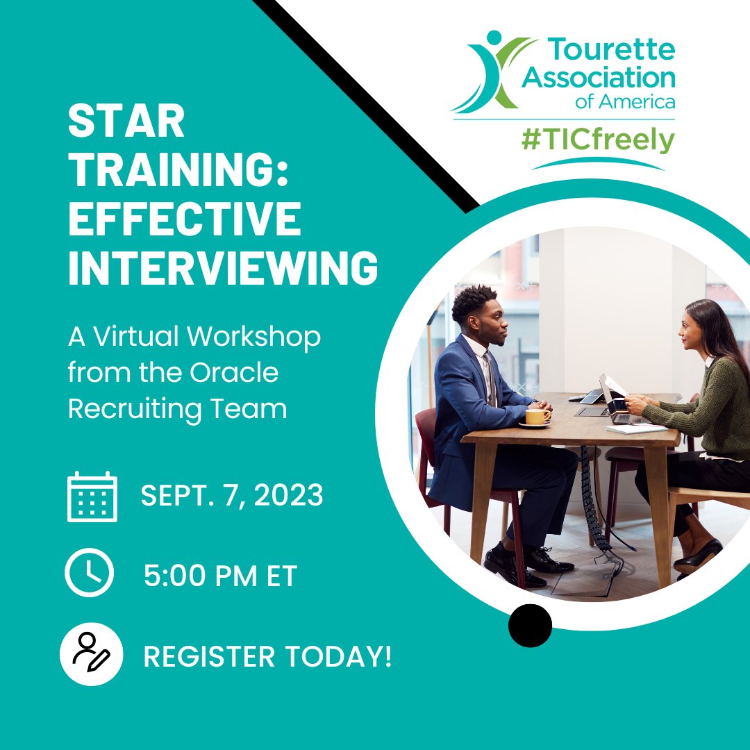 TouretteAssn's tweet photo. Ready to ace your next job interview? ✨ Join us this Thursday, September 7, at 5:00 pm EST for our virtual workshop, “STAR Training, Effective Interviewing from the Oracle Recruiting Team”. 🗒️ Don’t miss out - register today: https://t.co/Q7hwWUTPM5 https://t.co/VrS5b7RgZs