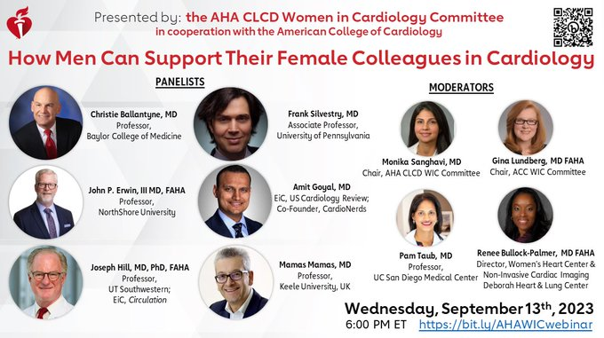 Let's discuss how we can foster a safe, inclusive, and nurturing environment for ALL in Cardiology. #WIC #heforshe @MonSangh @gina_lundberg @PamTaubMD @RBP0612 @FSilvestryMD @mmamas1973 @HeartOTXHeartMD @CBallantyneMD @josephahill Join us! 👇 bit.ly/AHAWICwebinar