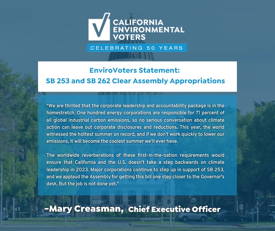 envirovoters's tweet photo. SB 253 and SB 261 have made it off the suspense file in Assembly Appropriations and are now headed for a vote on the Assembly floor.

Statement here: https://t.co/dSkL5QQXb5 https://t.co/I26pY43ngo