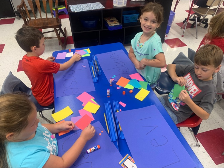 JacksonDistrict's tweet photo. Mrs. Amanda's Kindergarten has been working on names. Today the students worked on their name and used fine motor skills to tear paper to decorate the letters of their names. https://t.co/hfBTknYVXK