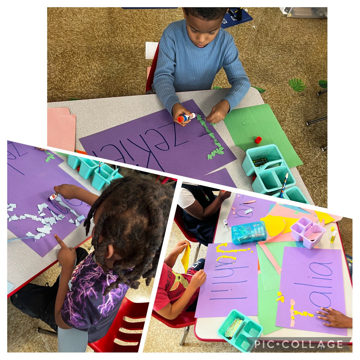 ErinDent_'s tweet photo. These Kinders rocked their first week of school!! Exploring math manipulatives and using fine motor skills to make torn paper names 🤩 @flesbcps https://t.co/0MIWI9Ax2l