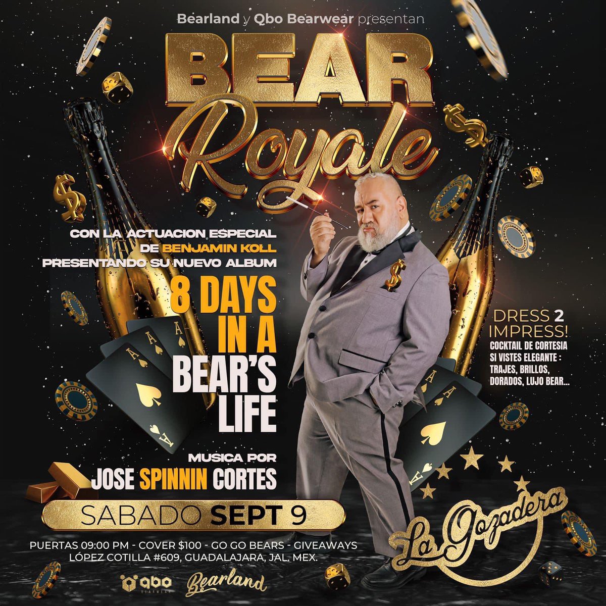 qbobears's tweet photo. 𝗕𝗘𝗔𝗥 𝗥𝗢𝗬𝗔𝗟𝗘 party 🎰🐻
Próximo 09 de septiembre
Lanzamiento del nuevo album “8 Days In A Bear’s Life” de @BenjaminKoll (mini concierto)🧸🎵
Y en las tornamesas @djjosespinnin
En La Gozadera GDL
Presentado por @BearlandMx y QBO
#BEARevents
#newmusic #OsosMexico https://t.co/vBCuEB4KyE