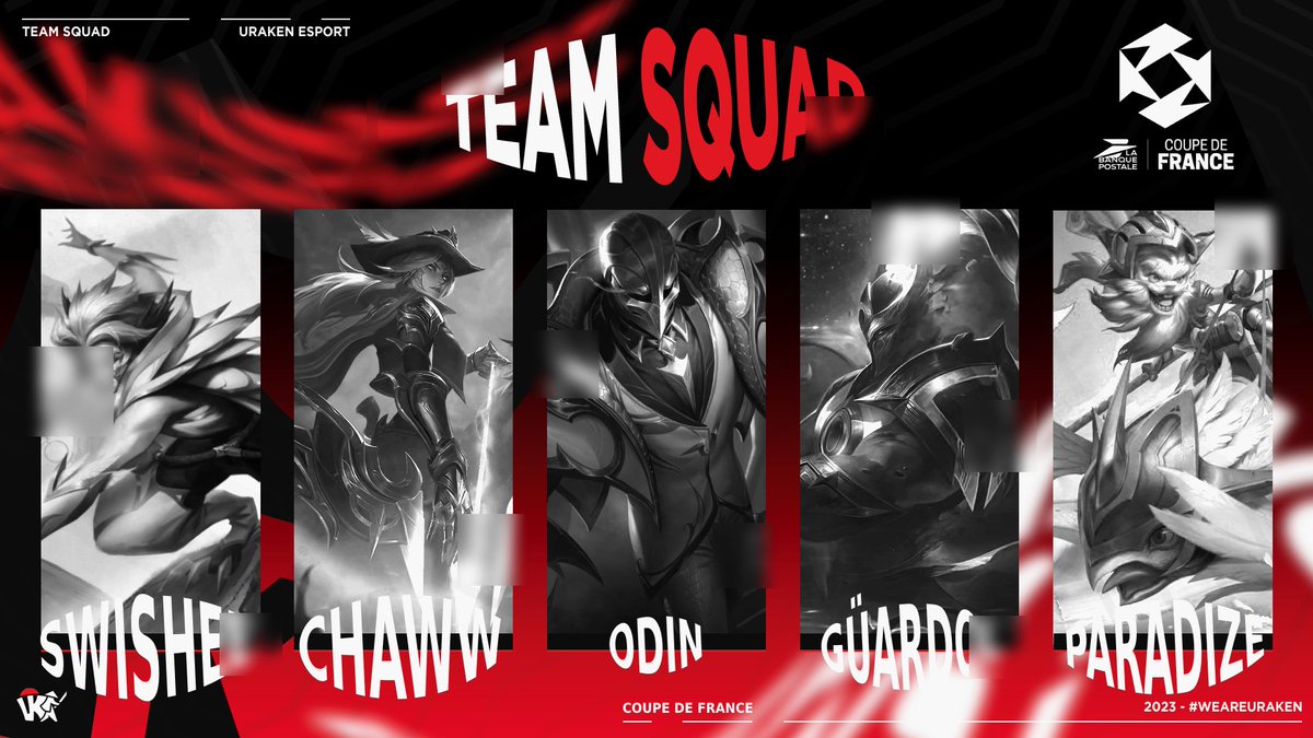 🏮#CDF2023

Voici notre roster pour la Coupe de France #LOL 2023 :

⛰️@paradize_lol
🌿<a href="/Guar_dol/">Khérian</a>
🧙‍♂️<a href="/OdinnLoL/">Odin</a>
🔫<a href="/Chawwv2/">Chaww</a>
⛑️<a href="/Swishee_lol/">Swishee</a>

Retrouvez-les à partir de 12h00 ce Samedi 02/09 sur twitch.tv/urakenesport

#WeAreUK ⛩️