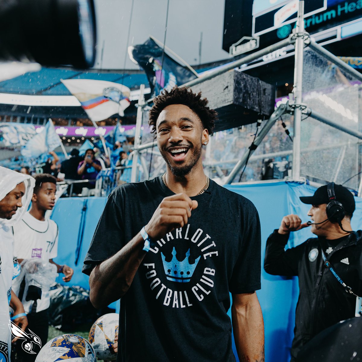 hornets's tweet photo. Signing out, Leaky Black 💙 Leaky kicked off @CharlotteFC’s match on Wednesday with his family. Thanks for having us! 🤝 https://t.co/iqhOV0U76X