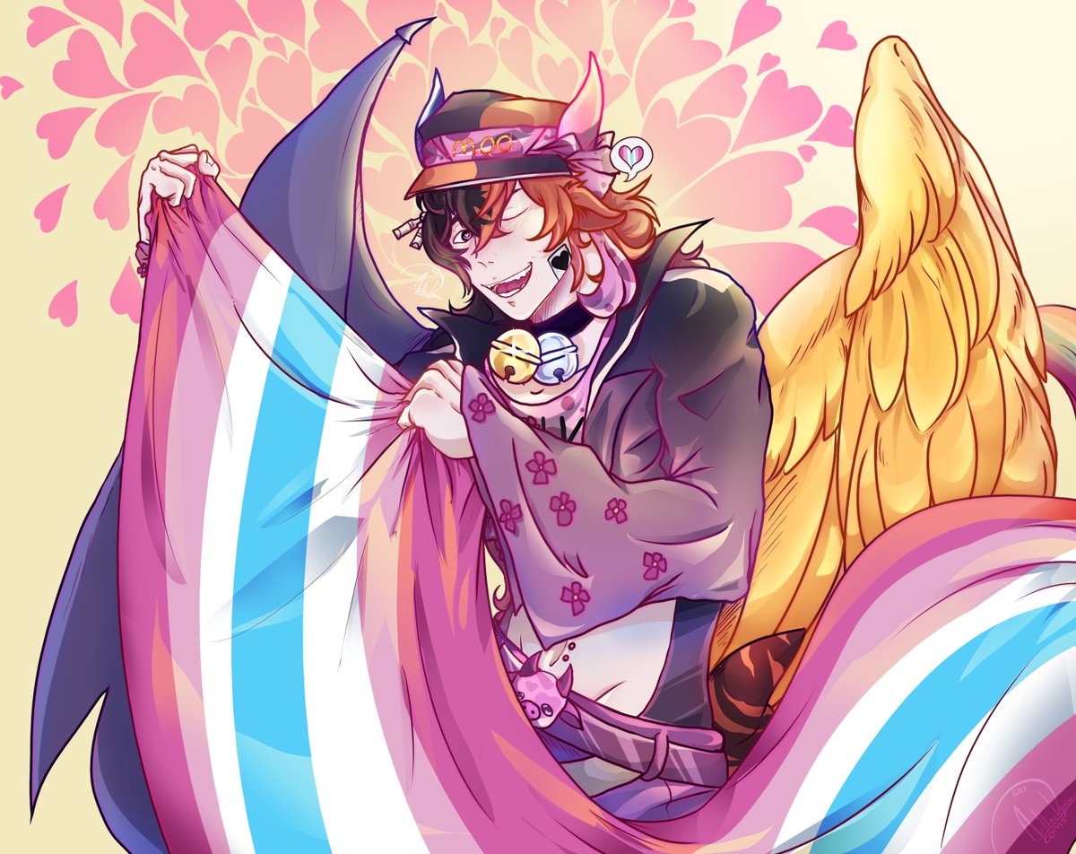 anthrodyniacoms's tweet photo. Here's another YCH I finished not long ago, this one of nyxneverland's (DA) character! He's holding up the femboy flag!

I really loved working on this one because the design is so cute and unique. I loved drawing the wings, and wish the tiger shark tail was more visible.
#arttwt https://t.co/Dtj4n7YhTG
