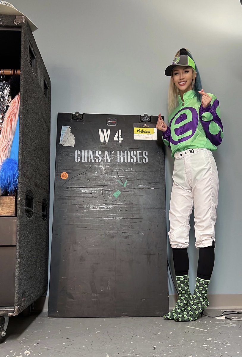 🤘Rock Like A Jock! 🎸 @TheMelissaReese from @gunsnroses is sporting Tyler Gaffalione & @e5Racing’s silks during their show tonight at SPAC!