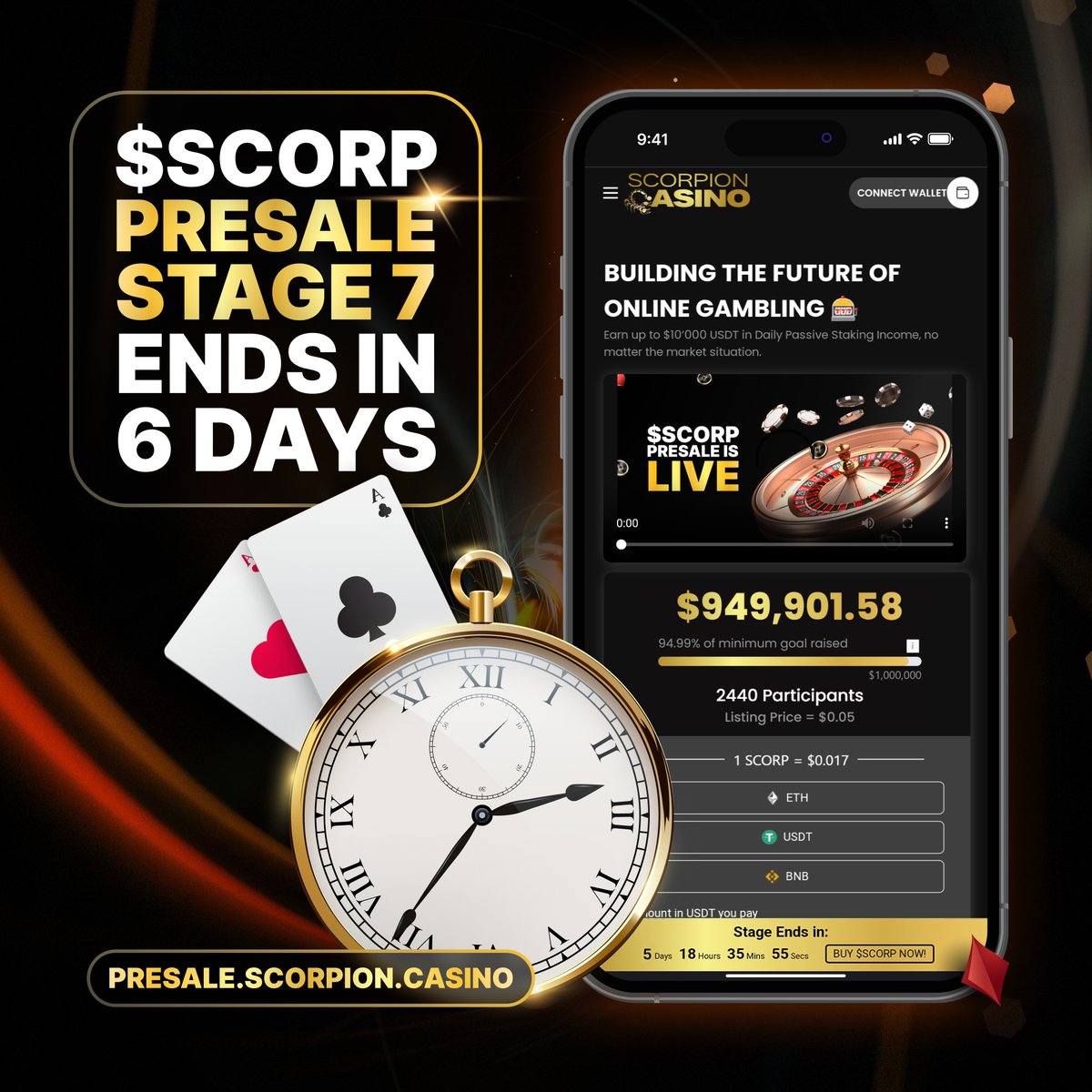 ScorpionCasino's tweet photo. Hurry! Only 6 days left for Presale Stage 7. Aiming for a goal of $1,000,000!
Presale: https://t.co/Ea4J2bfTi4
Don't miss your chance to grab $SCORP tokens at exclusive prices.
#Presale #LimitedTime #ScorpionCrypto #CryptoOnline #CryptoGambling https://t.co/KOOlBXj8FL