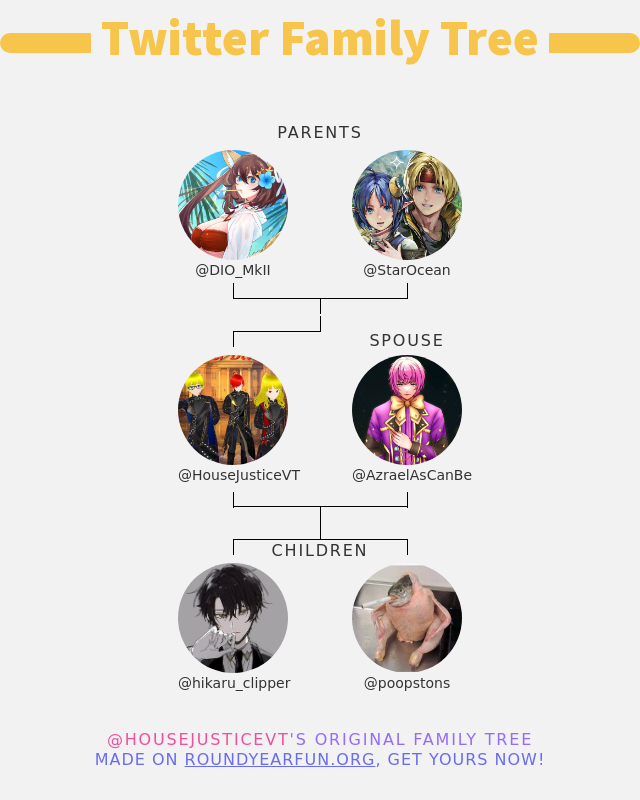 👨‍👩‍👧‍👦 My Twitter Family:
👫 Parents: <a href="/DIO_MkII/">DIO 🇫🇷🍑🦊</a> <a href="/StarOcean/">STAR OCEAN</a>
👰 Spouse: <a href="/AzraelAsCanBe/">Azrael Kuranushi-- Courtroom Ringmaster Vtuber</a>
👶 Children: <a href="/hikaru_clipper/">Hikaru~ 🐳</a> <a href="/poopstons/">Goldman Stacks</a>

➡️ funxgames.site/twitterfamily?…