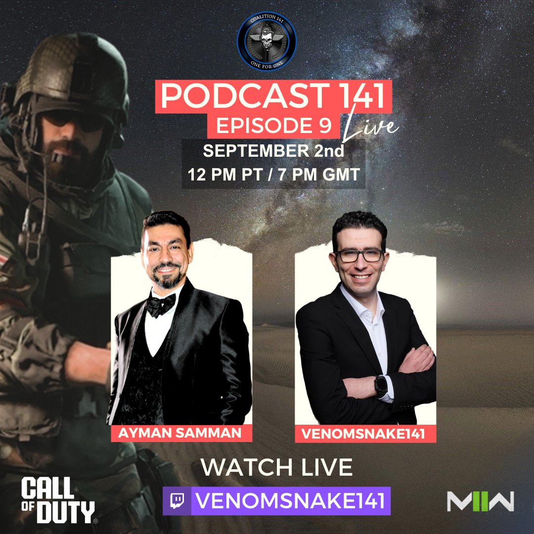 VENOMSNAKE141 (@venomsnake_141) on Twitter photo Tune in to episode 9 of Podcast141, featuring Ayman Samman <a href="/aymanation/">Ayman Samman</a>, the actor behind 'Zero' in Modern Warfare 2 and 'Salah' in Black Ops Cold War. Join us on September 2nd at 12 PM PT / 7 PM GMT for an engaging discussion about gaming and acting. Tune in to episode 9 of Podcast141, featuring Ayman Samman <a href="/aymanation/">Ayman Samman</a>, the actor behind 'Zero' in Modern Warfare 2 and 'Salah' in Black Ops Cold War. Join us on September 2nd at 12 PM PT / 7 PM GMT for an engaging discussion about gaming and acting.