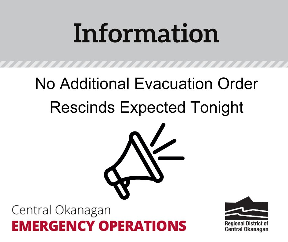 No further rescinds of Evacuation Orders or Alerts are expected tonight. The McDougall Creek Wildfire remains classified as Out of Control by BC Wildfire. Visit the incident link in the release here for more info: cordemergency.ca/updates/no-fur… #BCWildfire #McDougallCreekWildfire