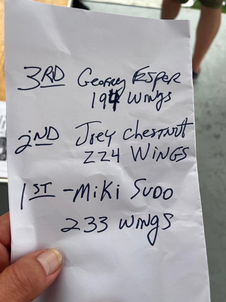 This is last year’s final Buffalo @Wingfest results, with @OMGitsMIKI edging out @joeyjaws. But I just saw Joey and Miki at the pre-party, and Joey is looking fit, hungry and focused. (Miki said she is keeping her title, however.)