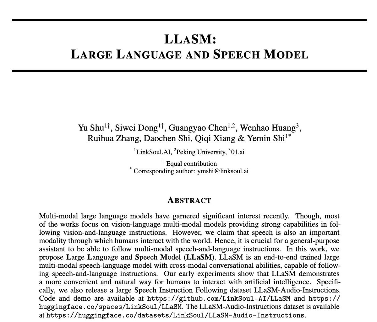 _akhaliq's tweet image. LLaSM: Large Language and Speech Model

paper page: huggingface.co/papers/2308.15…

Multi-modal large language models have garnered significant interest recently. Though, most of the works focus on vision-language multi-modal models providing strong capabilities in following…