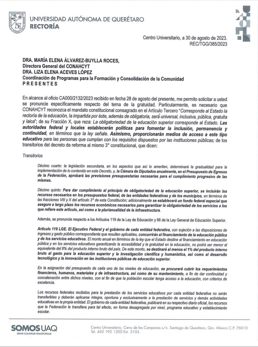 UAQmx's tweet photo. 🔴 🔴 #ComunicadoUAQ || En el marco  de la respuesta de @Conahcyt_Mex luego de la reunión sostenida entre UAQ y representantes del Consejo el pasado 21 de agosto. Te compartimos nuestra postura como institución y la respuesta oficial que hicimos llegar a CONAHCYT #Conahcyt #SNP https://t.co/gl7rzL02Yr