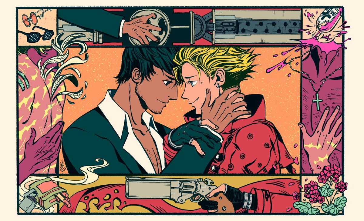 "All Our Tomorrows" 3-color riso print in yellow, flo. pink, and green.

#Vashwood #Trigun #trigunmaximum