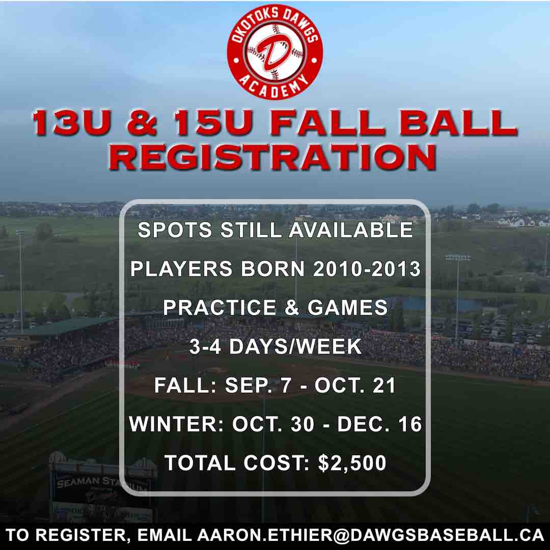 The Dawgs still have spots available for our 13U & 15U Fall/Winter training. Fall ball starts September 7th. Register now by emailing aaron.ethier@dawgsbaseball.ca and take your game to the next level! #dawgs #yycbaseball #yycsports #youthbaseball #youthbaseball