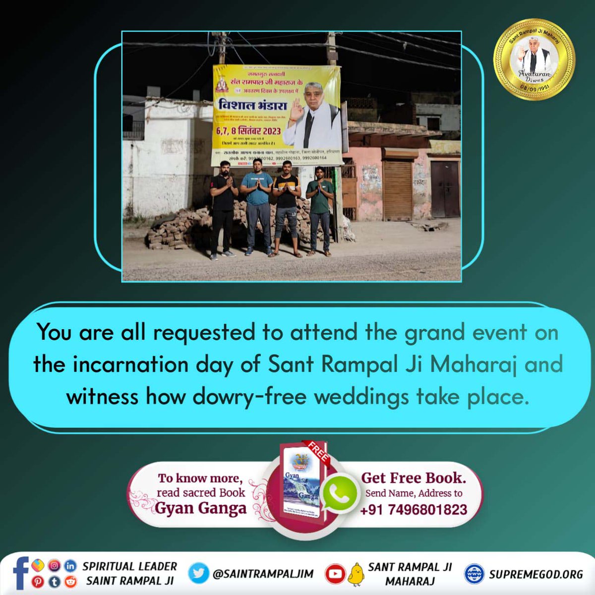 saanu_51's tweet photo. #BhandaraInvitationToTheWorld
You are all requested to attend the grand event on his incarnations day of Sant Rampal Ji Maharaj and writeness how dowry-free weddings take place.
સંતરામપાલજી દ્વારા વિશાળ ભંડારો https://t.co/r2FBX8VWLJ
