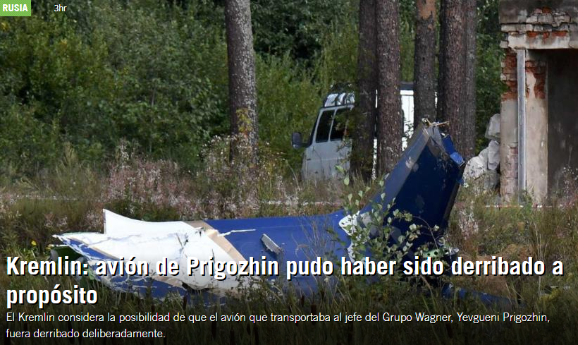 RadioReporte's tweet photo. #Rusia considera la posibilidad de que el avión que transportaba al jefe del Grupo #Wagner, Yevgueni #Prigozhin, fuera derribado deliberadamente.“Esperemos los resultados de nuestra investigación rusa”, declaró el portavoz del #Kremlin, Dmitri Peskov al respecto. https://t.co/gm9KqXLoO1