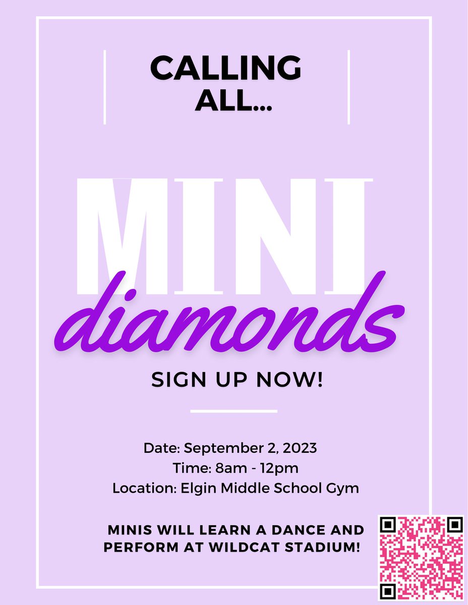 📣Register NOW📣 Mini Diamonds is this Saturday!! See you there 💜🤍
❗️Clinic will be at Elgin Middle School❗️
