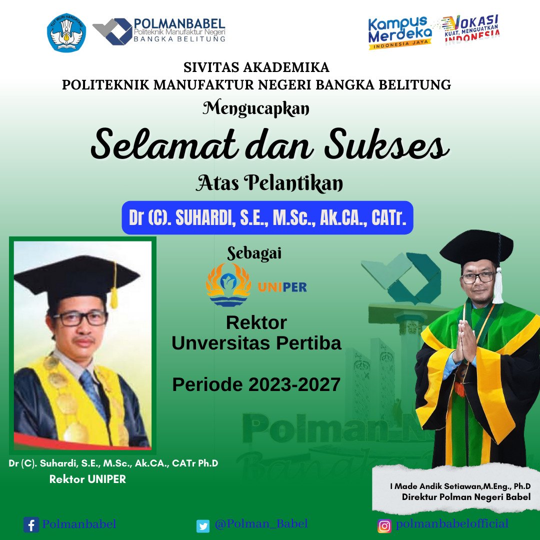 Polman_Babel's tweet photo. Selamat atas pelantikan Dr (C). Suhardi, S.E., https://t.co/BfapmI3bqS., https://t.co/KLZSgd0g8t., CATr sebagai Rektor Universitas Pertiba periode 2023 - 2027. 
Semoga Pertiba semakin jaya

@Polman_Babel https://t.co/pWHMjtTY2Z