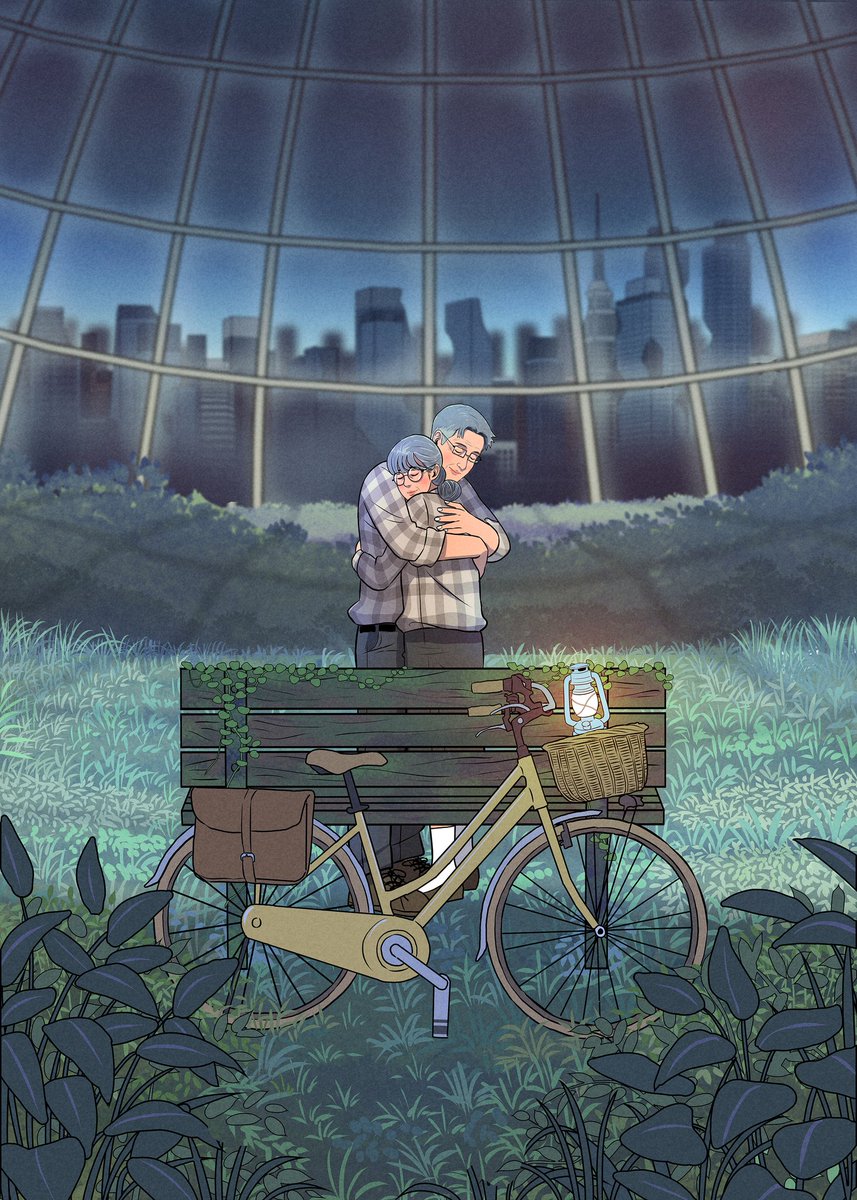 "Here we are, under this dome of night, gazing out at a city that's no more. With your embrace, the grass beneath our feet, and a faint glow from our old bike subtly illuminating the scene, I feel like the world is exactly as it should be—beautiful in its own quiet way."