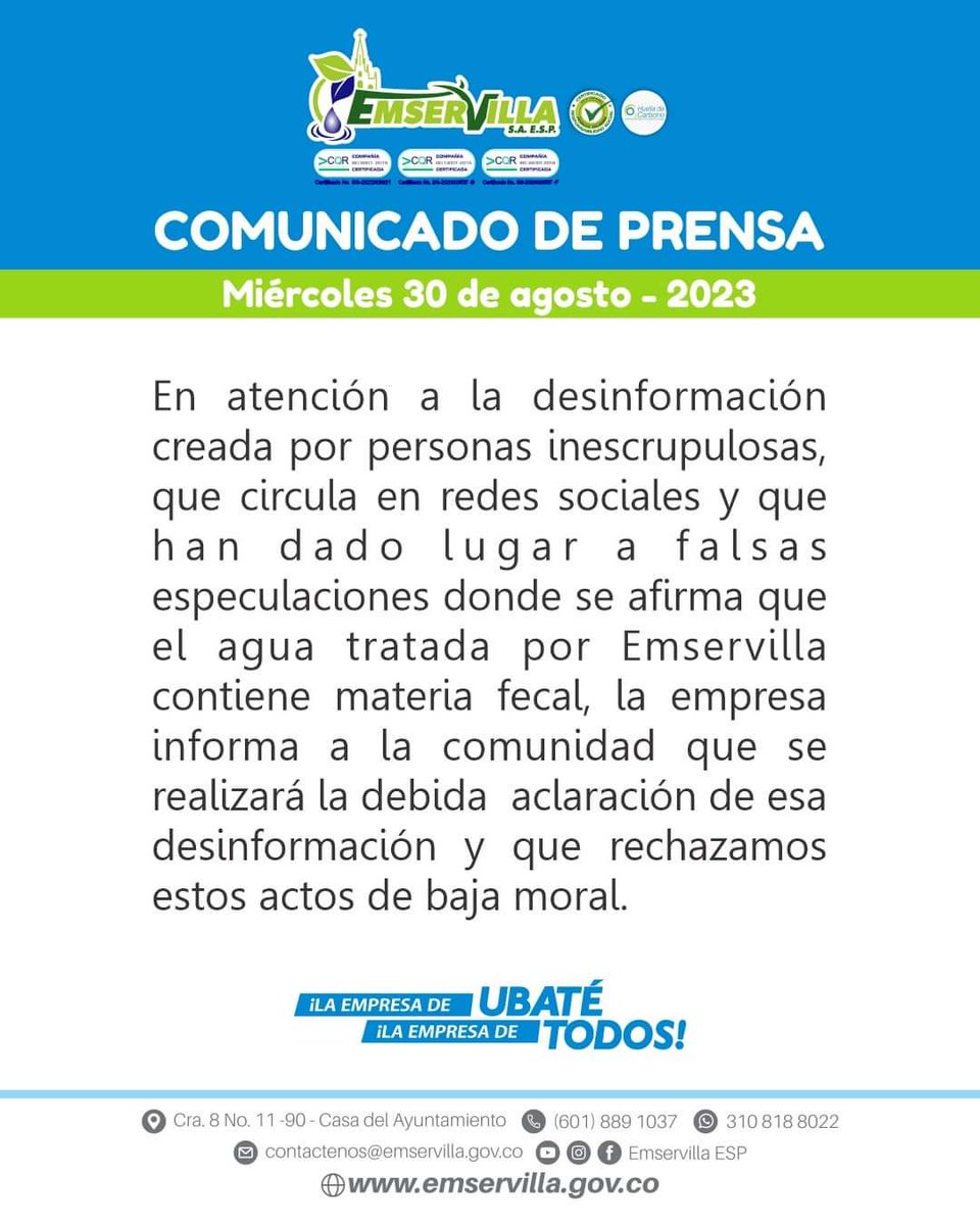 emservillaUbate's tweet photo. Comunicado de Prensa
Rechazamos la desinformación que circula en redes sobre calidad del agua 👇 https://t.co/zMVRCLc2ar