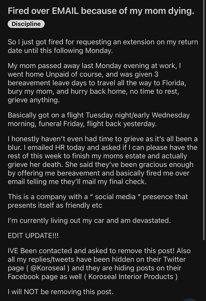Yo <a href="/koroseal/">Koroseal Interior Products</a> this you? Pretty fucking shitty if true. Missing work when life events happen is part of life. The man’s mother died. How fucked up are you? Also you don’t pay your people enough so they have to live out of their cars?
