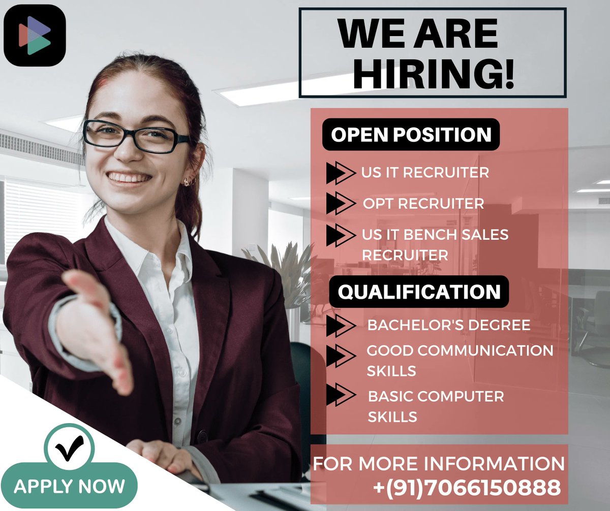 Trillionapps's tweet photo. we re hiring!
job openings⭕:
1)us it recruiter 🧑‍💻
2)us it bench sales recruiter ✒️
3)opt recruiter 📚
how to apply:
📞contact us:7066150888
join Trillion Apps Technology today!
#wearehiring #joinourteam #trillionappstechnology
#nizamabad #telangana https://t.co/tFuDMOoeTW