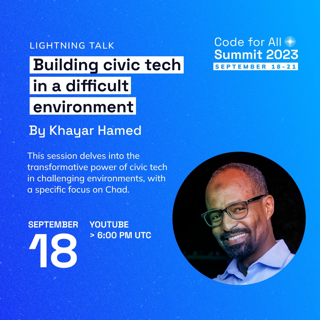 🎙️ Discover the incredible potential of #CivicTech in the face of adversity in this Lightning Talk by @khayarion from @ChadInnov! 🌍✨

🗓️ 18 Sep, 6 PM UTC
Register NOW! 👉🏾 bit.ly/CfAllS23