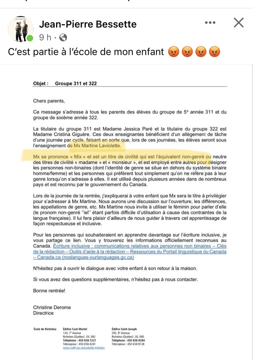 CarolineLessar8's tweet photo. À l’école de son enfant 😡😡😡😡

«Mx se prononce « Mix » et est un titre de civilité qui est l'équivalent non-genré ou neutre des titres de civilité « madame » et « monsieur », et est employe entre autres pour désigner les personnes non-binaires (dont l'identité de genre se situe en dehors du système binaire
homme/femme) et les personnes qui préfèrent tout simplement qu'on ne réfère pas à leur genre lorsqu'on s'adresse à elles.»

https://t.co/RcBsNju7vj