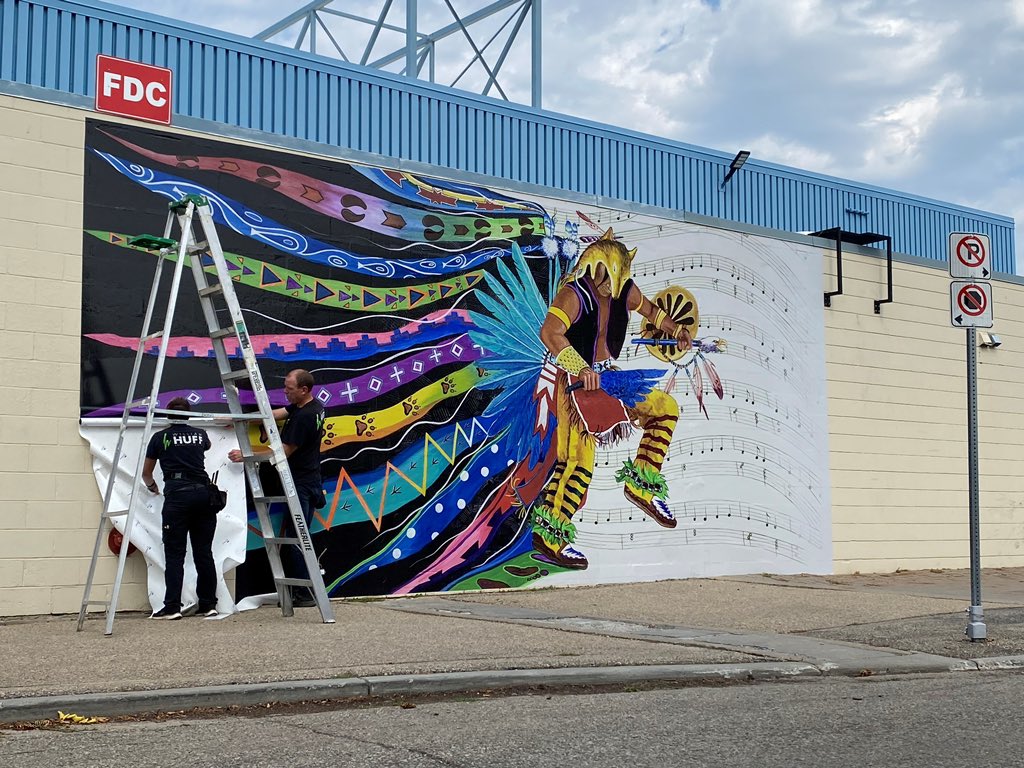 The things you see when taking Sid ‘The Wonder Dog’ for a walk through Broadmoor Lake Park in #ShPk!

The piece is called ‘Dancing into the Future’ by Eugene Alexis. It is going on the side of the Sherwood Park Arena. 

Official unveiling will be on Sept 29.

It is spectacular.