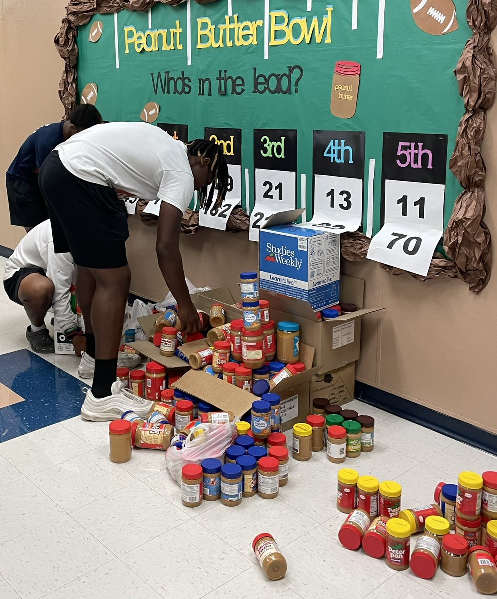 Amandajbg5's tweet photo. Northern Hills had another successful year collecting Peanut Butter for the Peanut Butter Bowl!  Thank you Madison football for collecting and delivering to the Northern Hills Ministry food pantry. @PeanutButterBwl @WulfsbergM @NeisdAthletics @NEISD @NorthernHillsES @jm_mavs https://t.co/KwlmG5sq3f