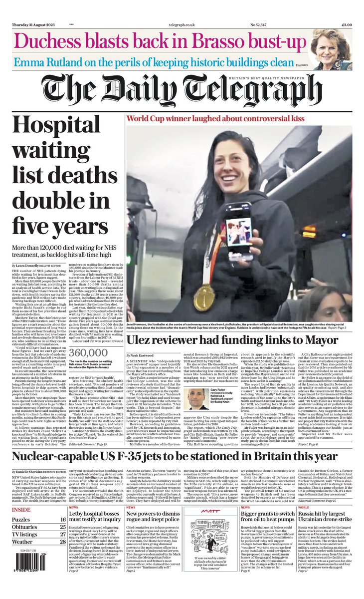 The front page of today’s Daily Telegraph: ‘Hospital waiting list deaths double in five years’ #TomorrowsPapersToday Sign up for the Front Page newsletter telegraph.co.uk/frontpage-news…